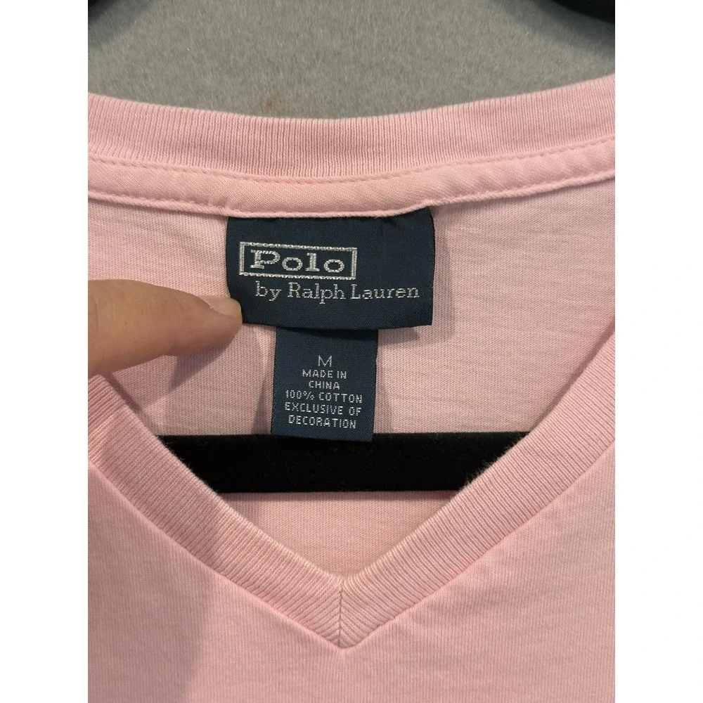 Polo Ralph Lauren Classic Fit Pink V-Neck Short Sleeve Cotton Navy Logo Tee M